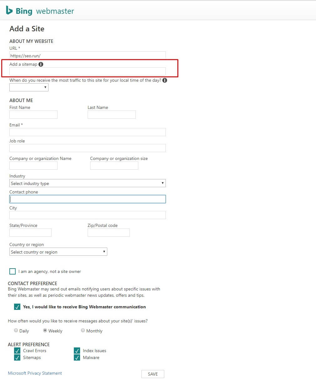 Add a sitemap in the Bing Webmaster Tool